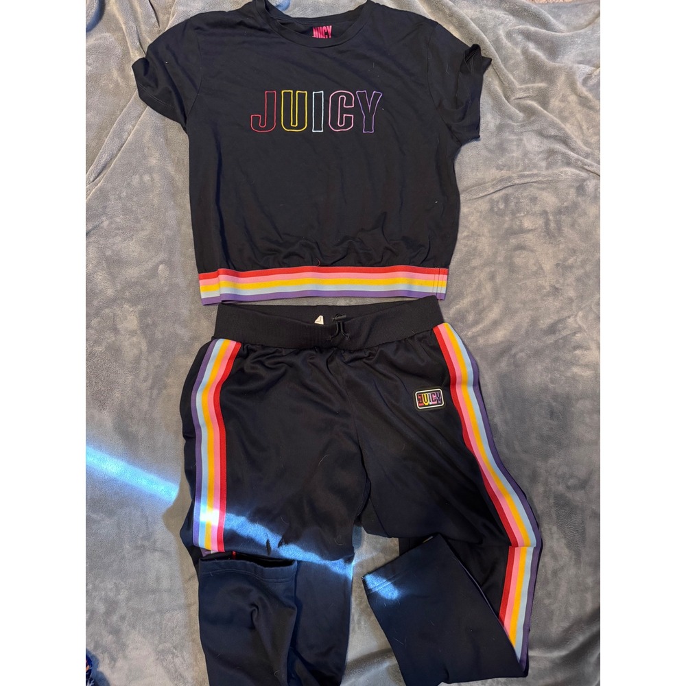 Juicy by Juicy Couture Tracksuit Set Black Rainbow Stripe Top L Pants S